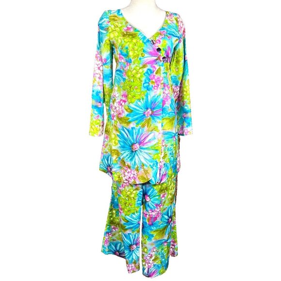 VINTAGE 70s Bright Floral Handmade Baby  Doll Tunic Pant Set Womens Bell Bottom - Picture 1 of 16